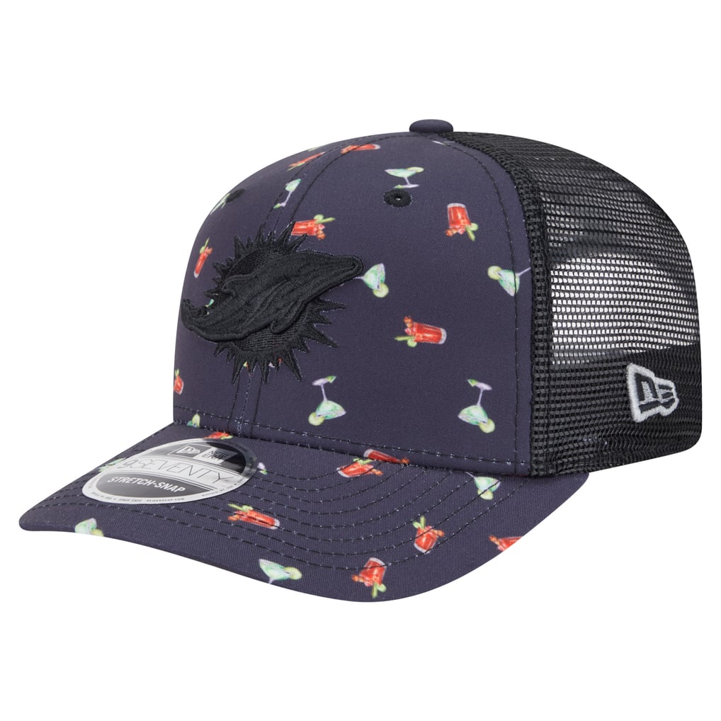  Miami Dolphins New Era Adventure Drinks Pattern 9SEVENTY Stretch-Snap Hat - Navy/Black